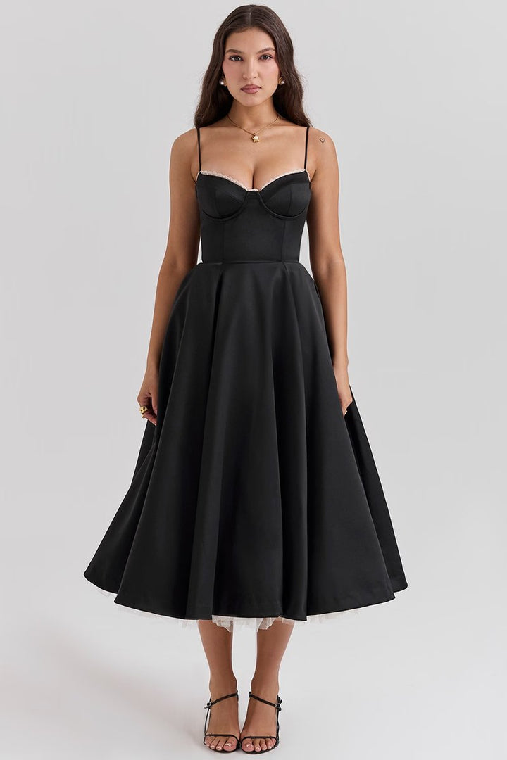 Damen Cocktailkleid Midi Schwingrock Bügelcup Trägerkleid - Schwarz