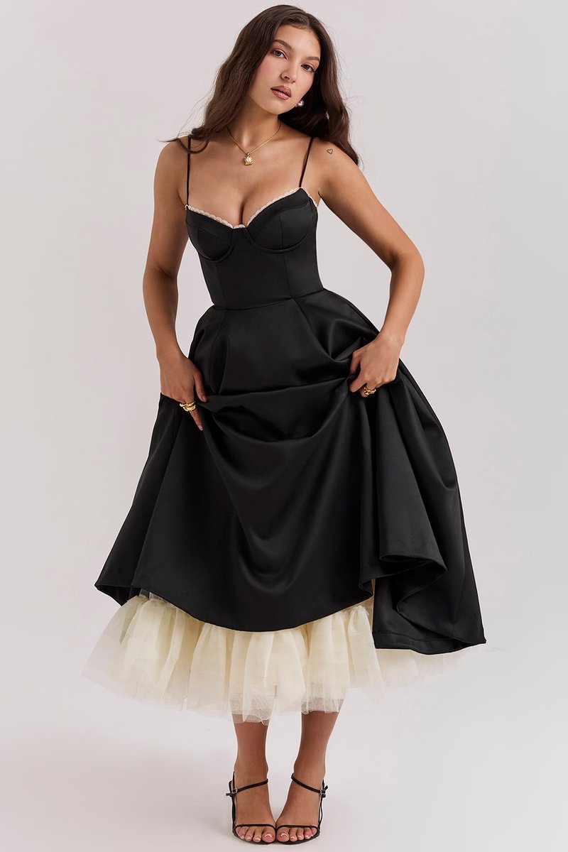 Damen Cocktailkleid Midi Schwingrock Bügelcup Trägerkleid