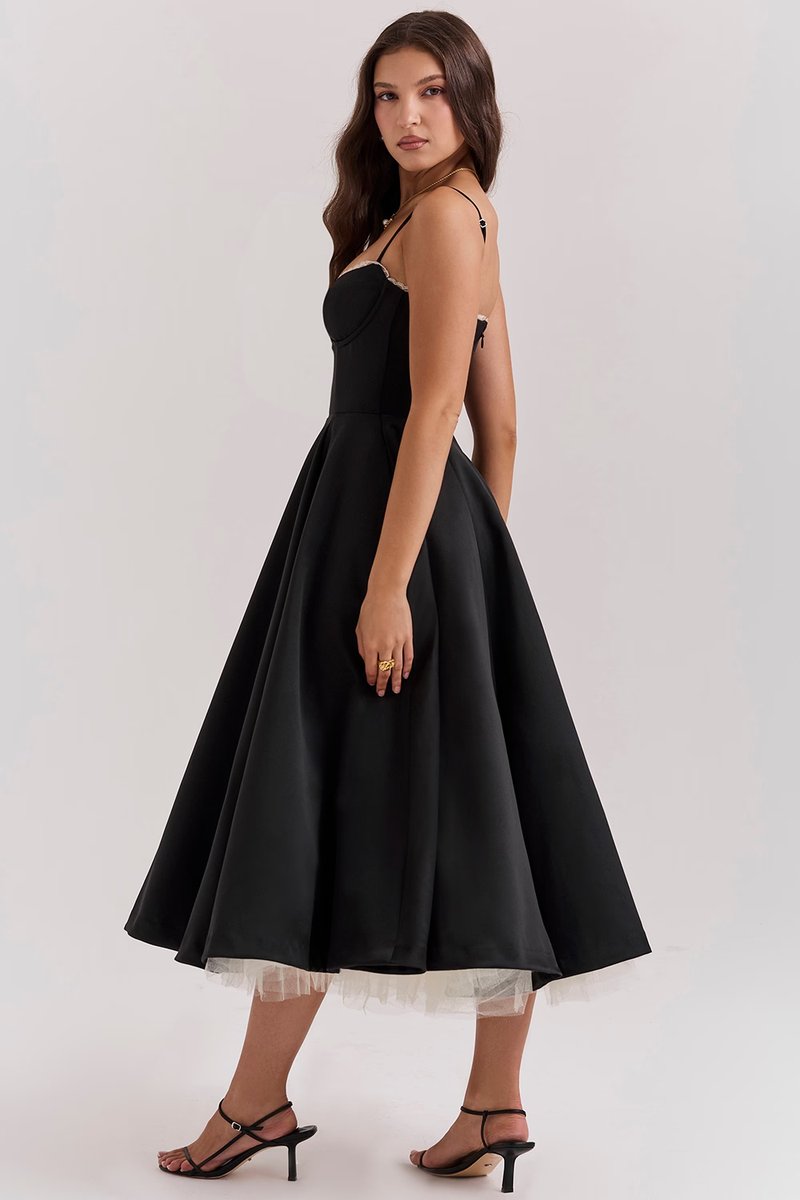 Damen Cocktailkleid Midi Schwingrock Bügelcup Trägerkleid