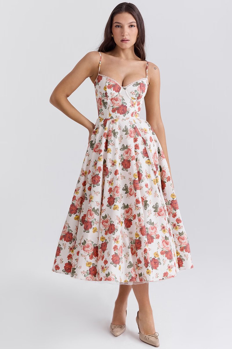 Damen Cocktailkleid Midi Schwingrock Bügelcup Trägerkleid - Blume