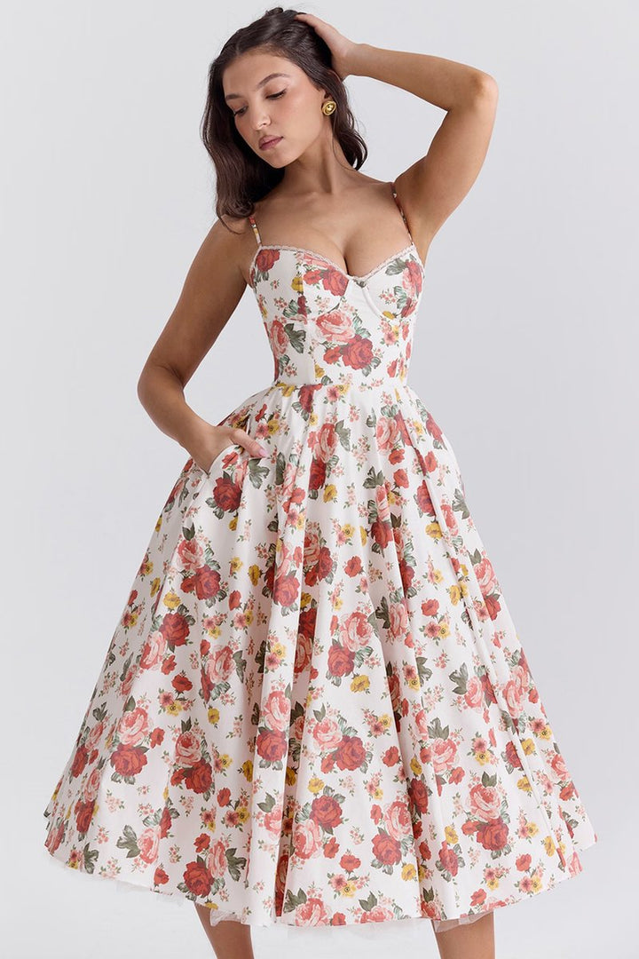 Damen Cocktailkleid Midi Schwingrock Bügelcup Trägerkleid