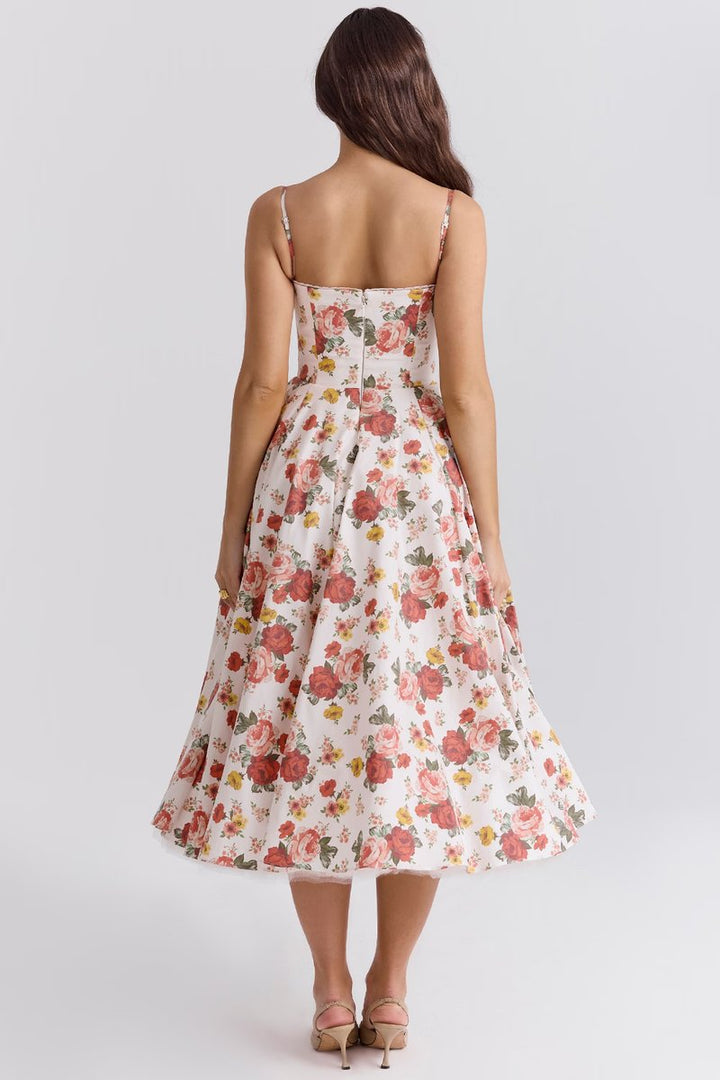 Damen Cocktailkleid Midi Schwingrock Bügelcup Trägerkleid