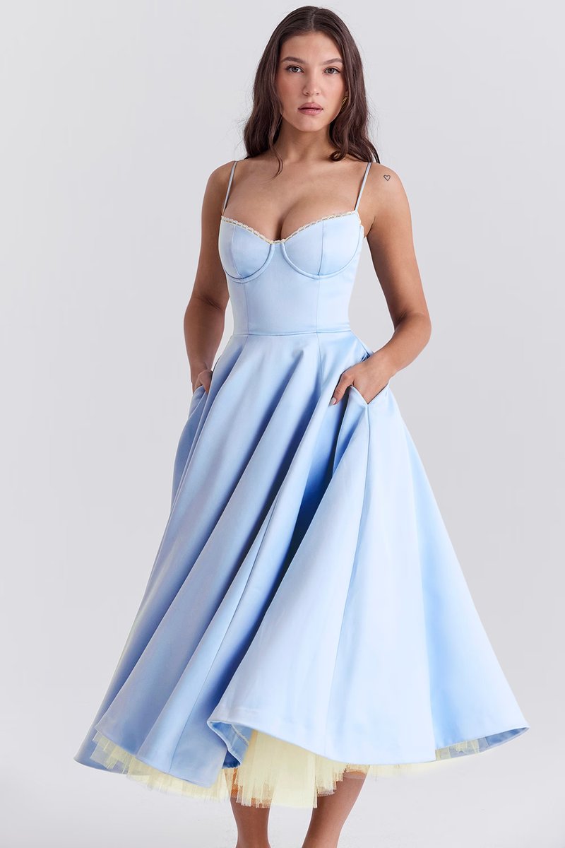 Damen Cocktailkleid Midi Schwingrock Bügelcup Trägerkleid