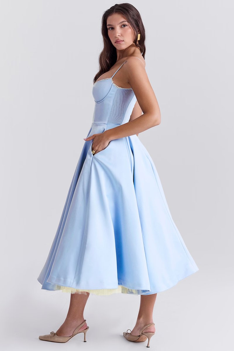 Damen Cocktailkleid Midi Schwingrock Bügelcup Trägerkleid