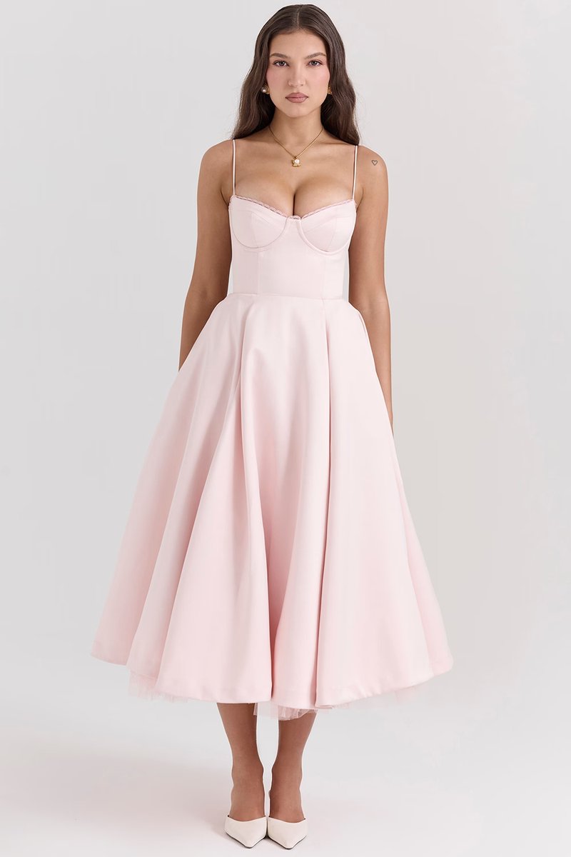 Damen Cocktailkleid Midi Schwingrock Bügelcup Trägerkleid - Rosa