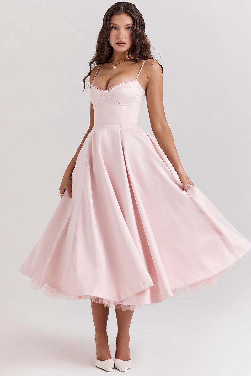 Damen Cocktailkleid Midi Schwingrock Bügelcup Trägerkleid