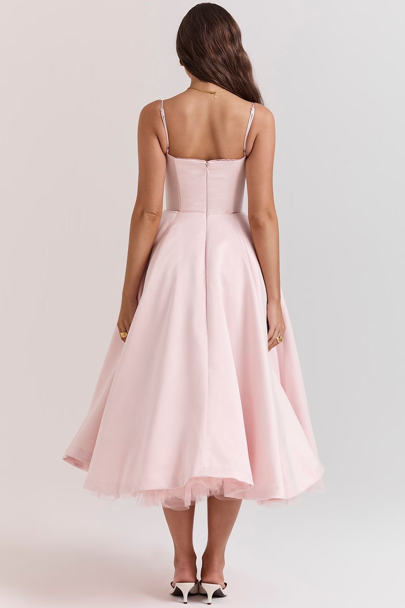 Damen Cocktailkleid Midi Schwingrock Bügelcup Trägerkleid