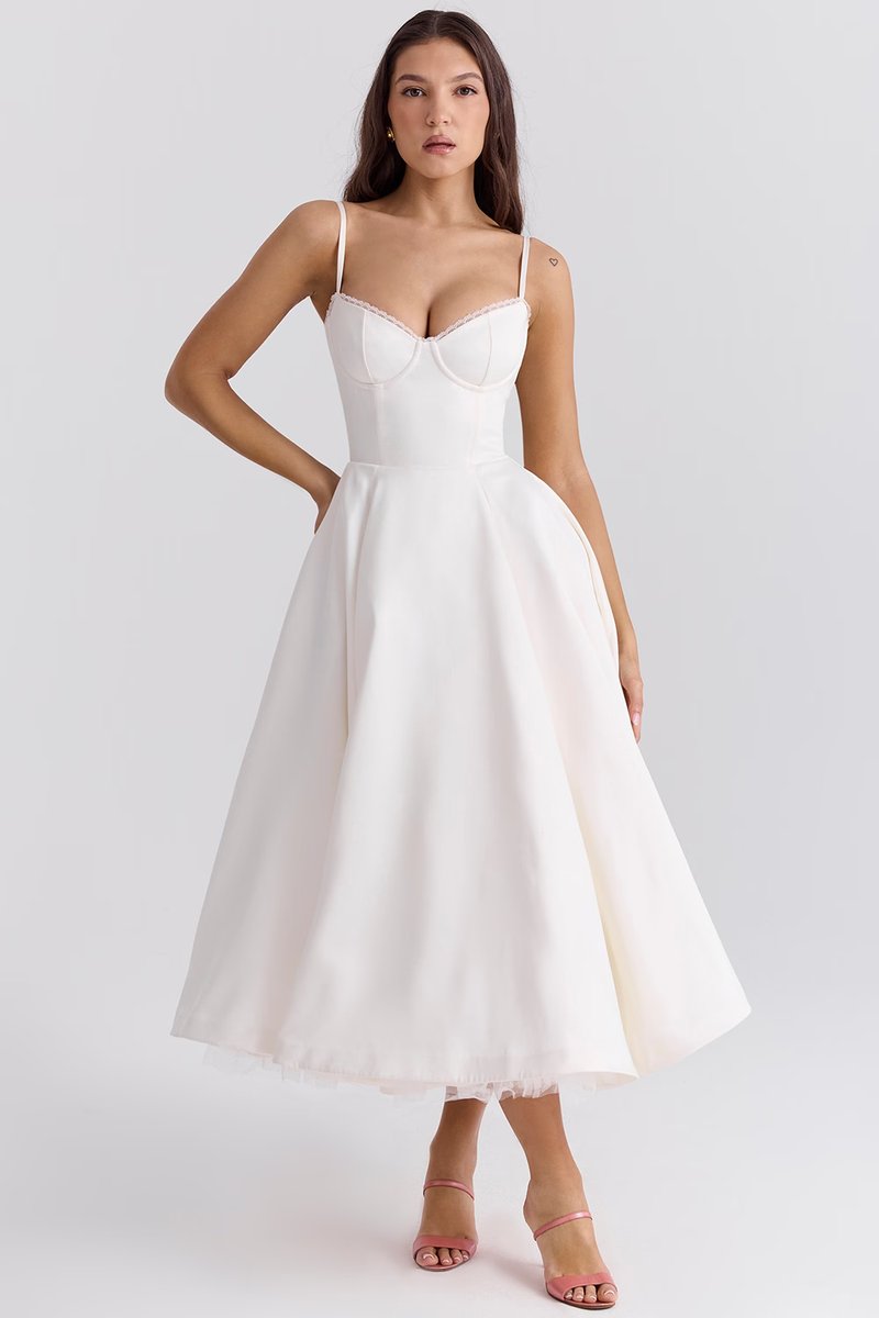 Damen Cocktailkleid Midi Schwingrock Bügelcup Trägerkleid - Weiß