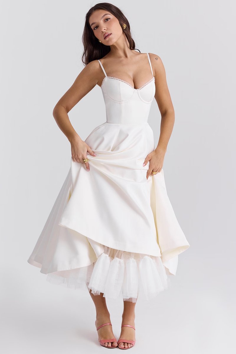 Damen Cocktailkleid Midi Schwingrock Bügelcup Trägerkleid