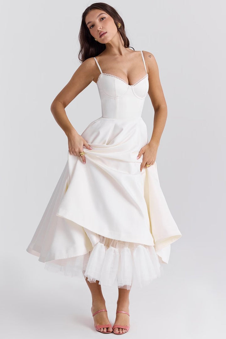 Damen Cocktailkleid Midi Schwingrock Bügelcup Trägerkleid