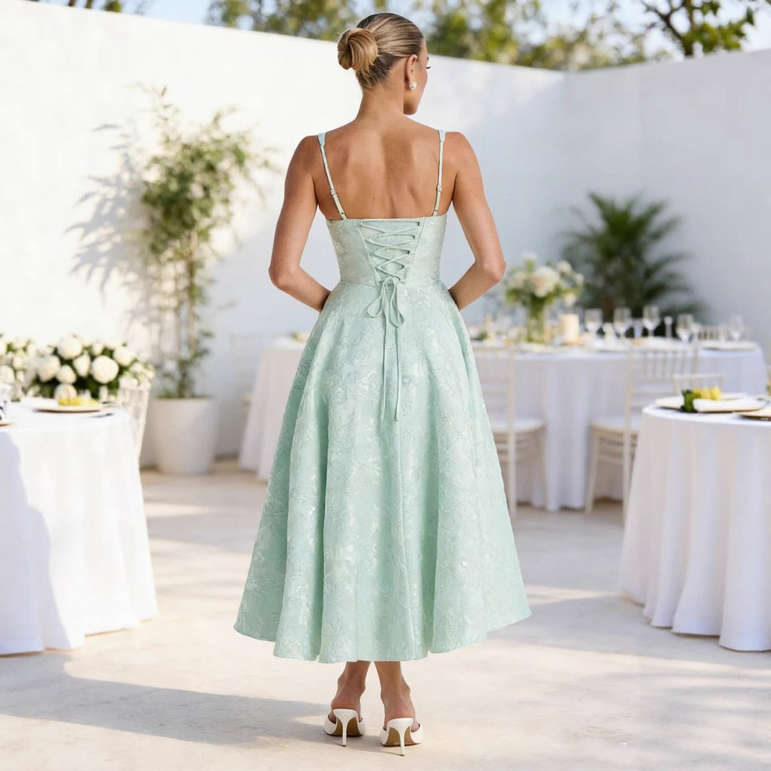 Damen Cocktailkleid mit Rüschenoberteil ausgestelltem Jacquard-Rock