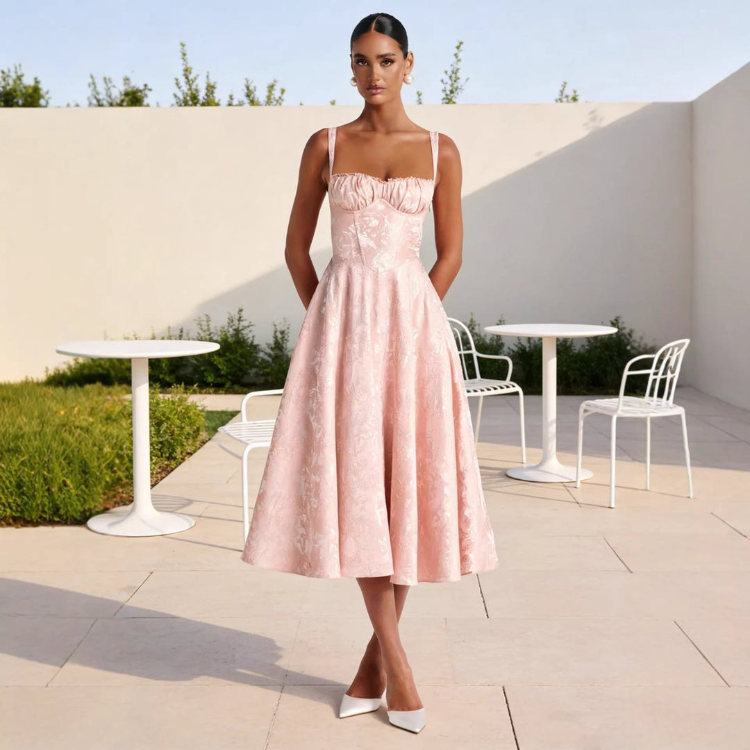 Damen Cocktailkleid mit Rüschenoberteil ausgestelltem Jacquard-Rock