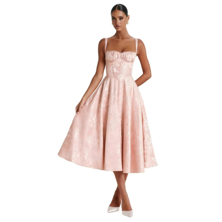 Damen Cocktailkleid mit Rüschenoberteil ausgestelltem Jacquard-Rock