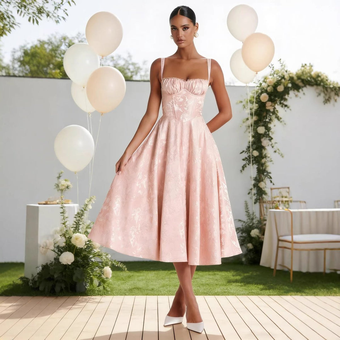 Damen Cocktailkleid mit Rüschenoberteil ausgestelltem Jacquard-Rock - Rosa