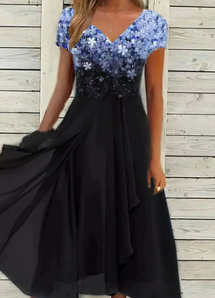 Damen Cocktailkleid V-Ausschnitt Blumenprint Chiffon Schwingkleid - Blau Schwarz
