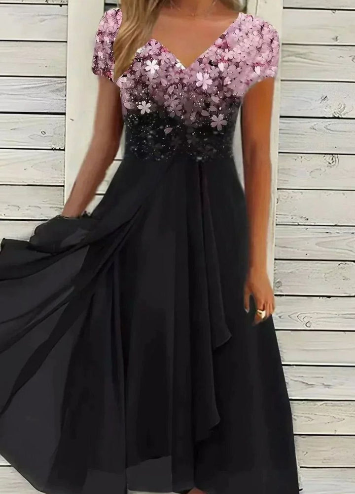 Damen Cocktailkleid V-Ausschnitt Blumenprint Chiffon Schwingkleid - Rosa Schwarz