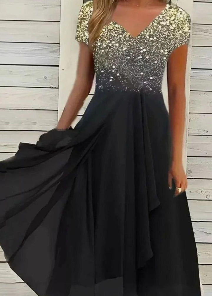 Damen Cocktailkleid V-Ausschnitt Blumenprint Chiffon Schwingkleid - Gold Schwarz