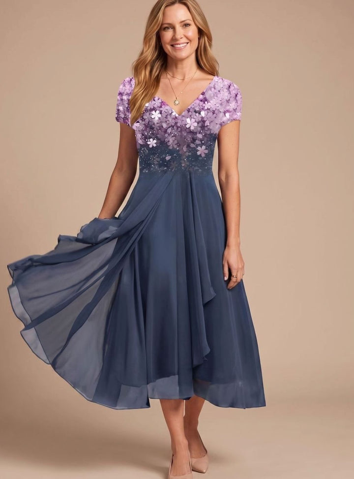 Damen Cocktailkleid V-Ausschnitt Blumenprint Chiffon Schwingkleid - Rosa Blau