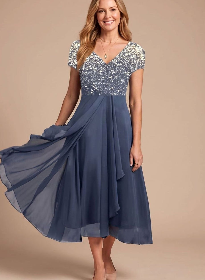 Damen Cocktailkleid V-Ausschnitt Blumenprint Chiffon Schwingkleid - Silber Blau
