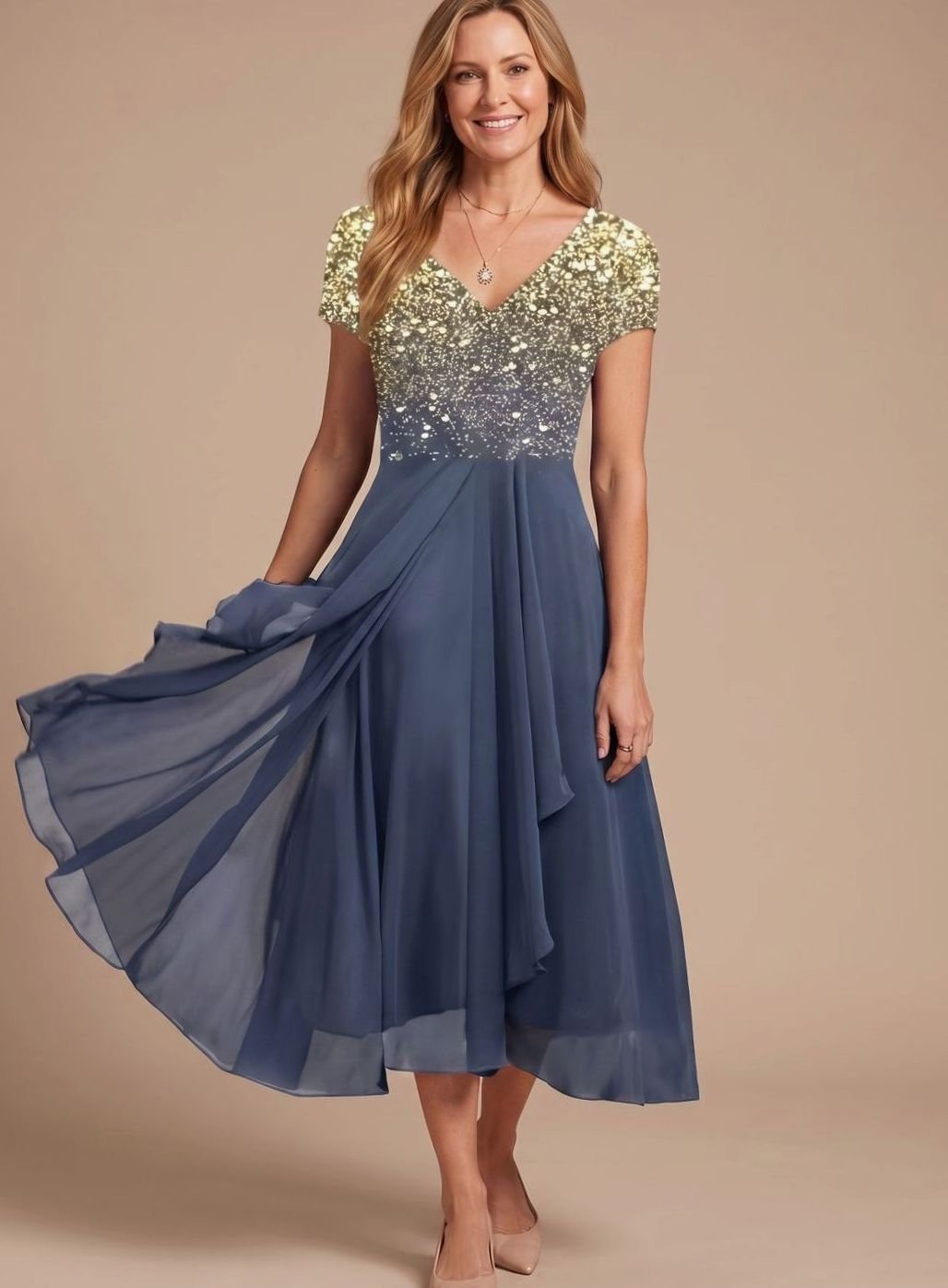 Damen Cocktailkleid V-Ausschnitt Blumenprint Chiffon Schwingkleid - Gold Blau