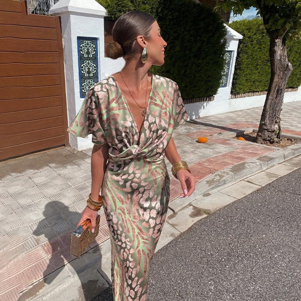 Damen Cocktailparty-Kleid figurbetontes Midi-Seidenkleid mit tiefem V-Ausschnitt