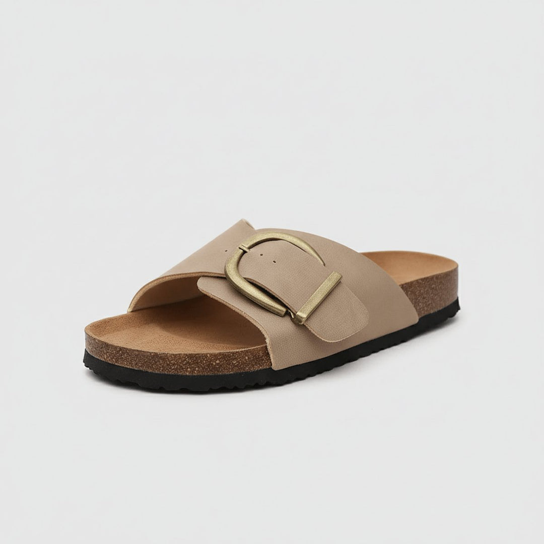 Damen Comfortable Sandals Breiter Riemen Schnalle Slip-On Flachsandalen - Classic Beige