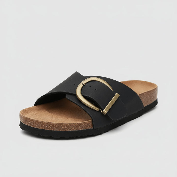 Damen Comfortable Sandals Breiter Riemen Schnalle Slip-On Flachsandalen - Midnight Black