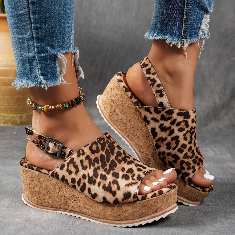 Damen Comfortable Sandals Keilabsatz Leopardenmuster Verstellbare Schnalle