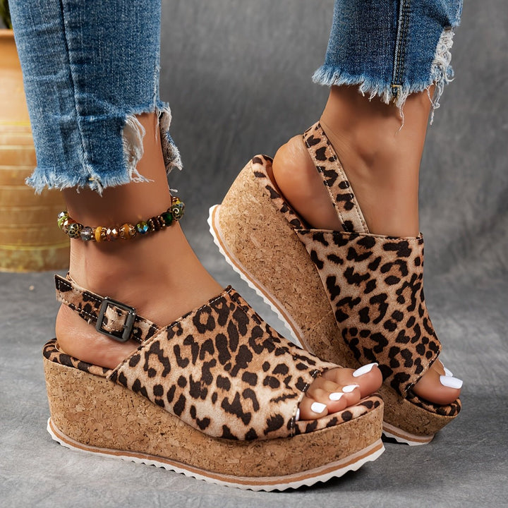 Damen Comfortable Sandals Keilabsatz Leopardenmuster Verstellbare Schnalle