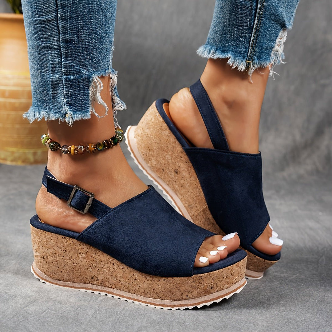 Damen Comfortable Sandals Keilabsatz Leopardenmuster Verstellbare Schnalle - Navy Blue
