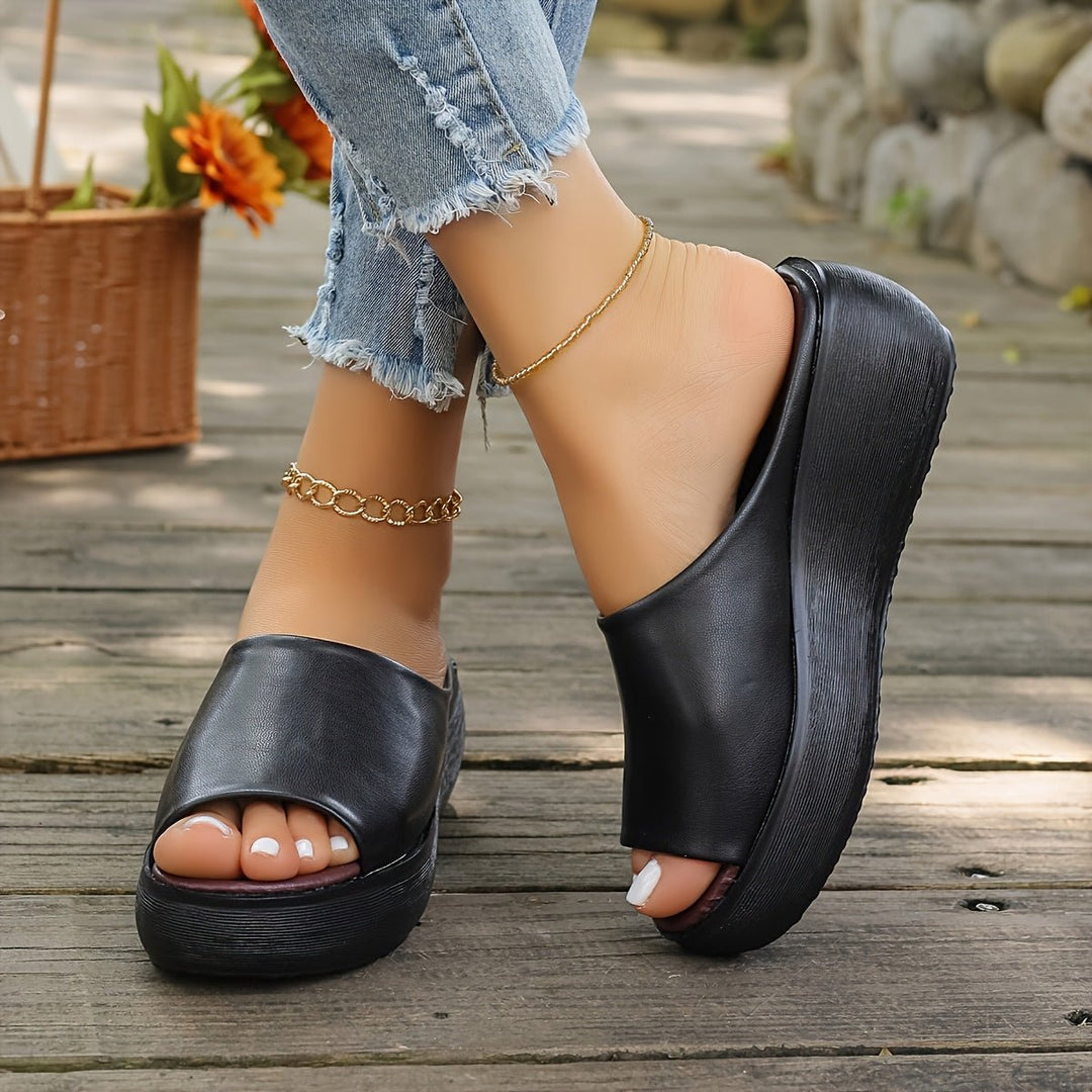 Damen Comfortable Sandals Keilabsatz Peeptoe Leichte Slip-on Pantoletten - Black