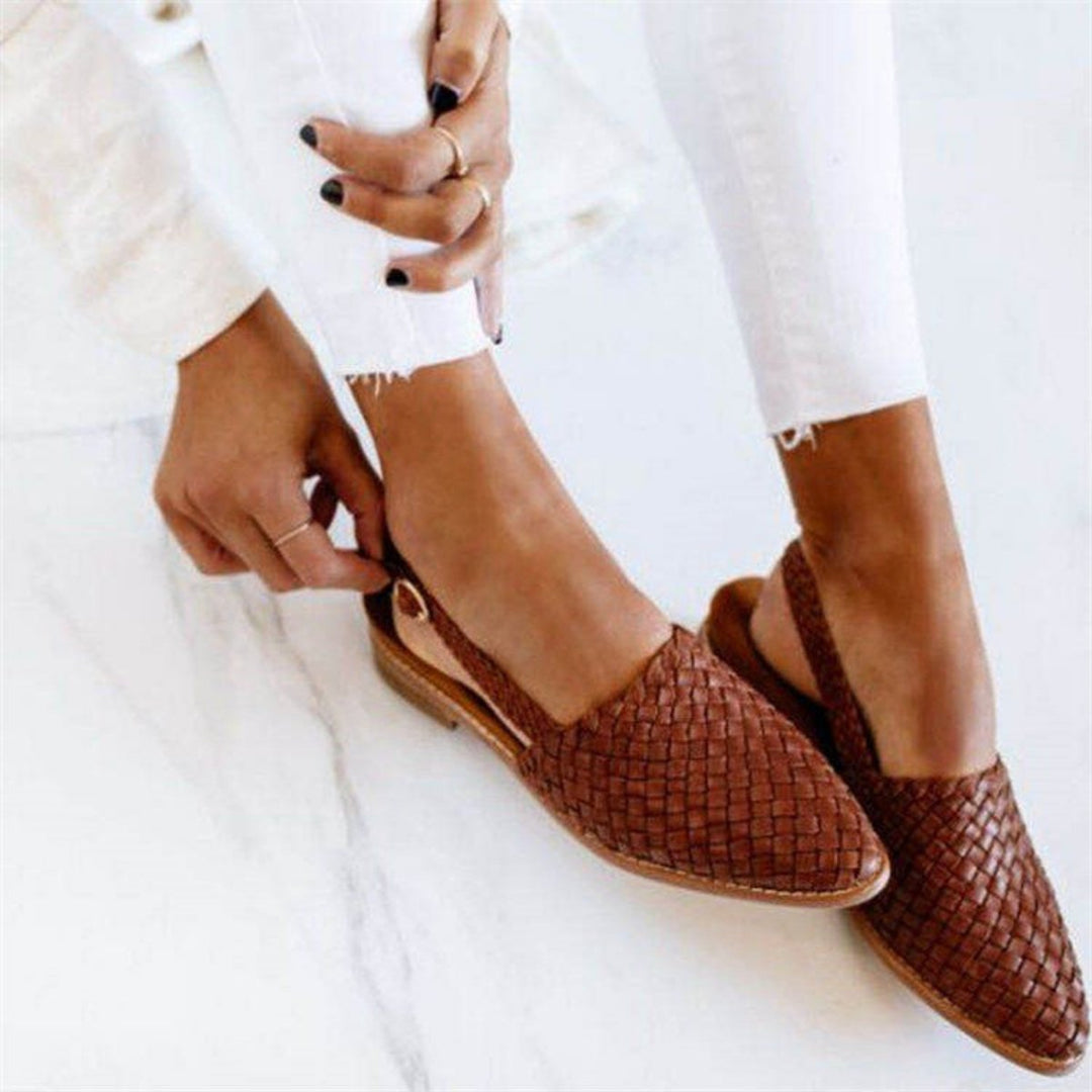 Damen Comfortable Sandals Leder Geflochten Spitzer Slingback Flach - Brown