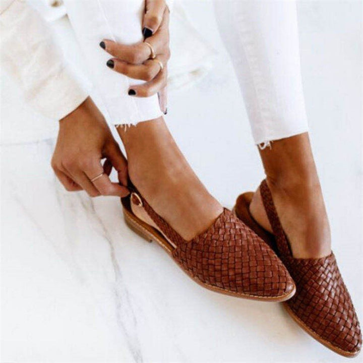 Damen Comfortable Sandals Leder Geflochten Spitzer Slingback Flach - Brown