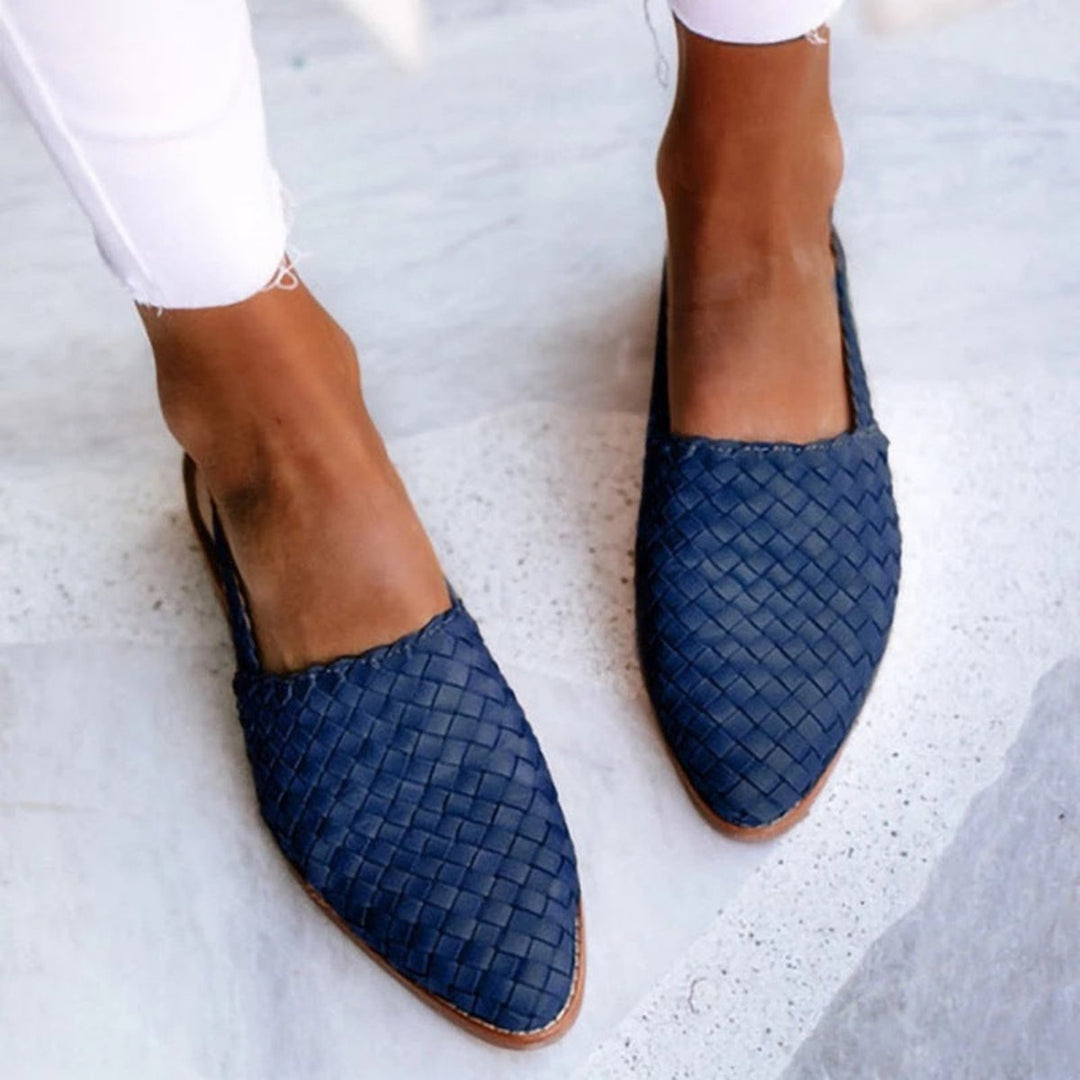 Damen Comfortable Sandals Leder Geflochten Spitzer Slingback Flach - Navy