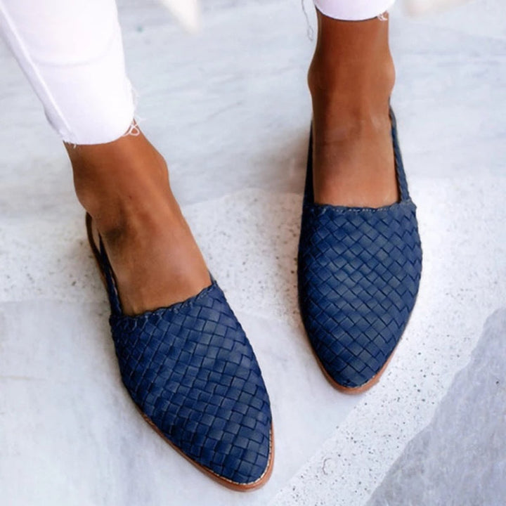 Damen Comfortable Sandals Leder Geflochten Spitzer Slingback Flach - Navy