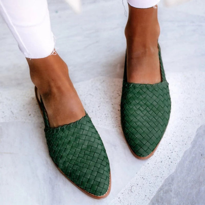 Damen Comfortable Sandals Leder Geflochten Spitzer Slingback Flach - Dark Green