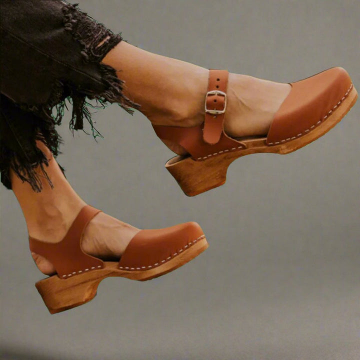 Damen Comfortable Sandals Plateau-Clogs Lederriemen Holzsohle - Brown