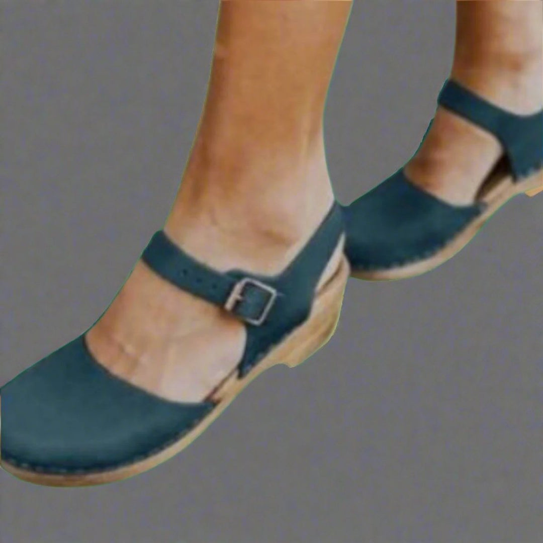Damen Comfortable Sandals Plateau-Clogs Lederriemen Holzsohle - Blue