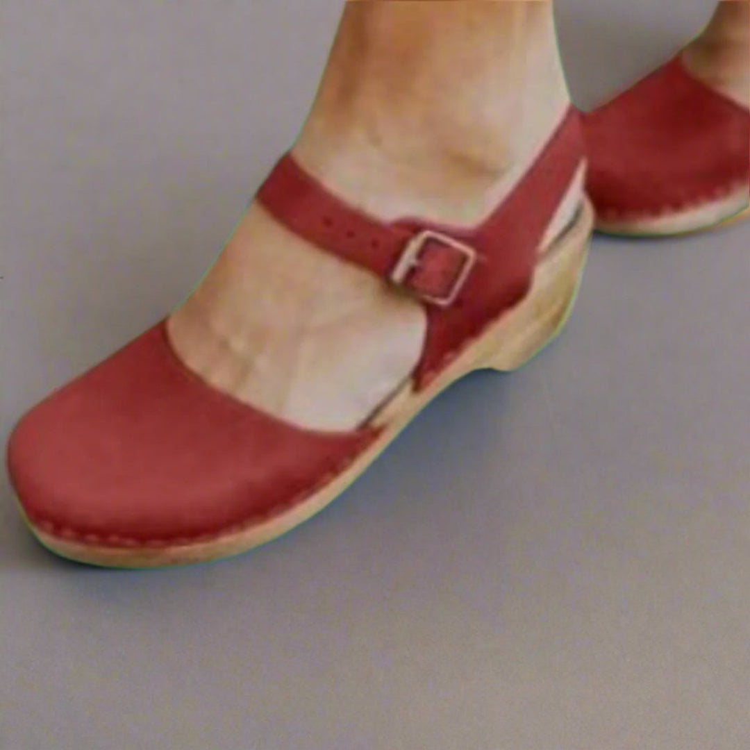 Damen Comfortable Sandals Plateau-Clogs Lederriemen Holzsohle - Red