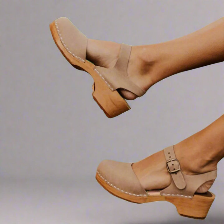 Damen Comfortable Sandals Plateau-Clogs Lederriemen Holzsohle - Beige