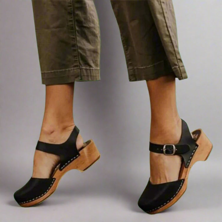 Damen Comfortable Sandals Plateau-Clogs Lederriemen Holzsohle - Black