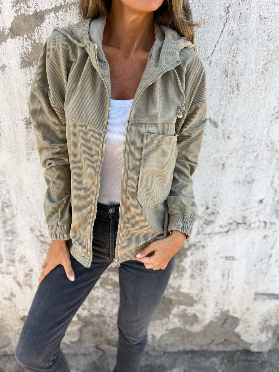 Damen Cord Kapuzenjacke mit Reißverschluss Oversized Freizeitjacke - Grün