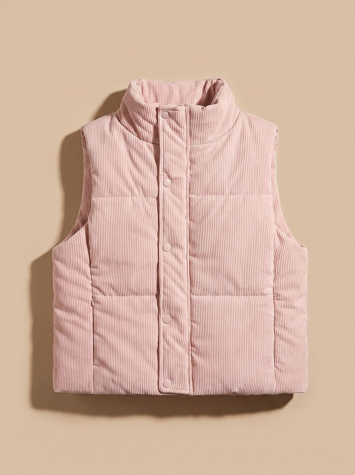 Damen Corduroy-Steppweste Kurzer Bodywarmer mit Stehkragen Druckknopf - Rosa