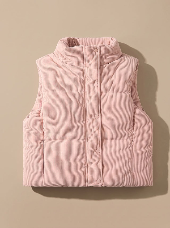Damen Corduroy-Steppweste Kurzer Bodywarmer mit Stehkragen Druckknopf