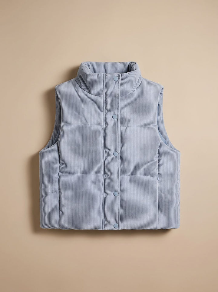 Damen Corduroy-Steppweste Kurzer Bodywarmer mit Stehkragen Druckknopf