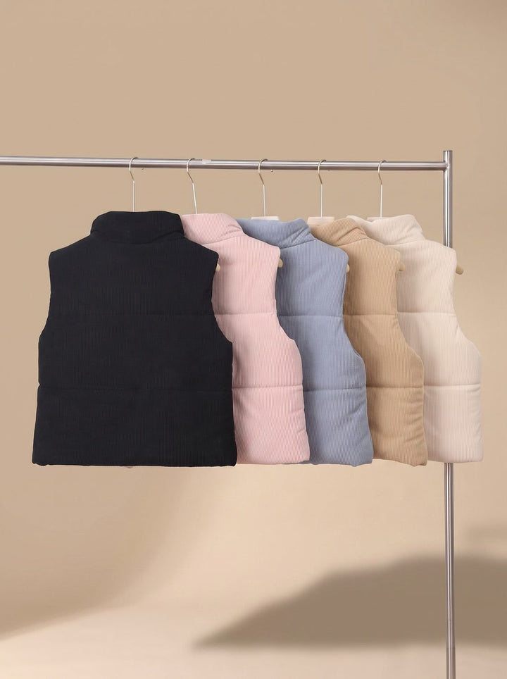 Damen Corduroy-Steppweste Kurzer Bodywarmer mit Stehkragen Druckknopf