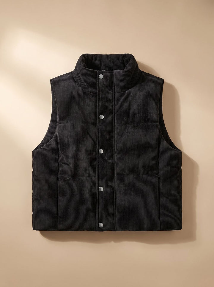 Damen Corduroy-Steppweste Kurzer Bodywarmer mit Stehkragen Druckknopf - Schwarz