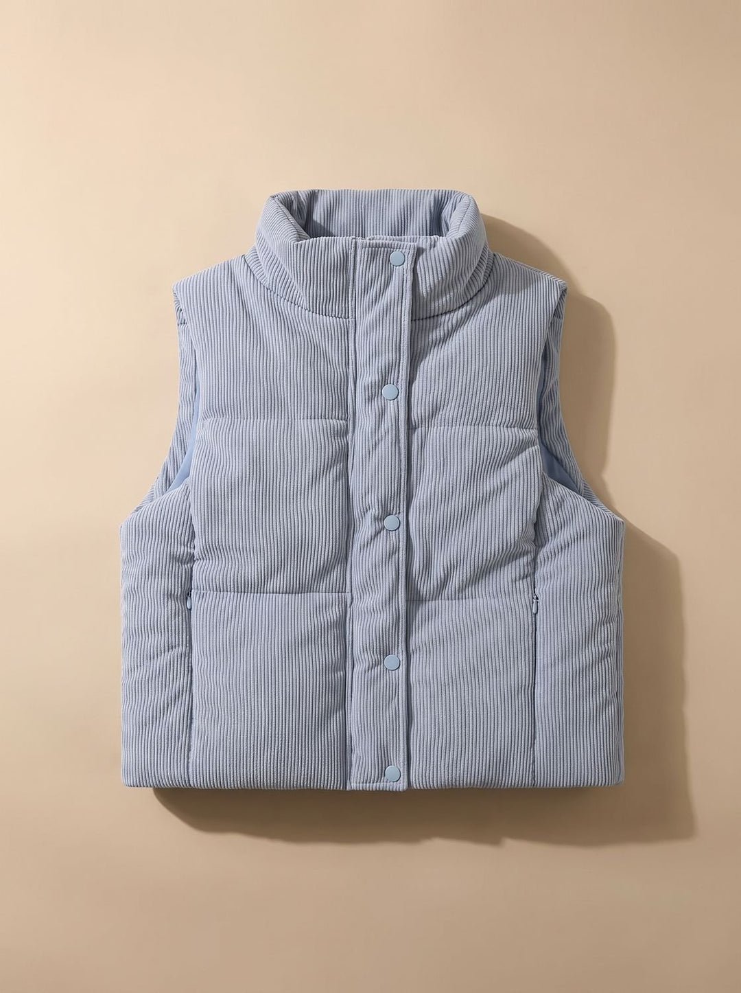Damen Corduroy-Steppweste Kurzer Bodywarmer mit Stehkragen Druckknopf - Hellblau