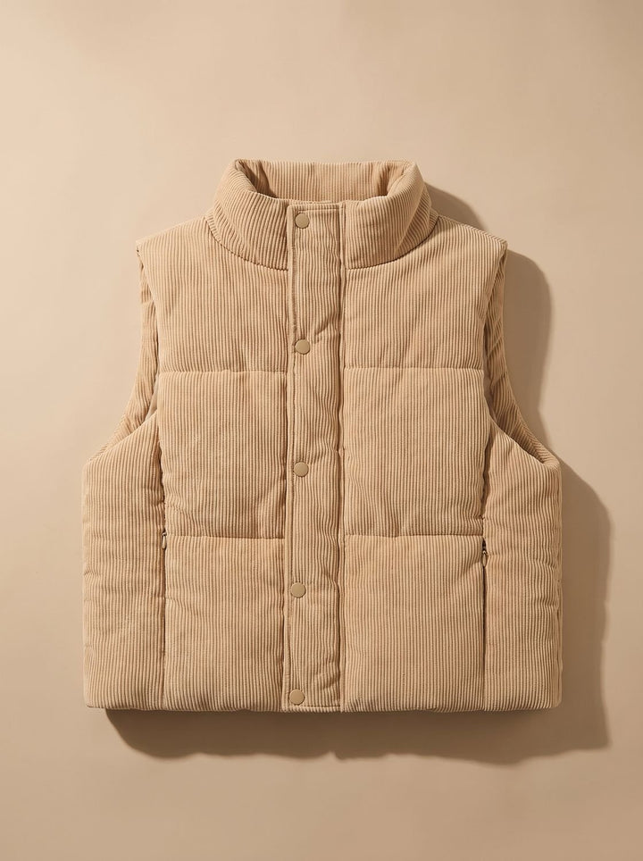 Damen Corduroy-Steppweste Kurzer Bodywarmer mit Stehkragen Druckknopf - Khaki
