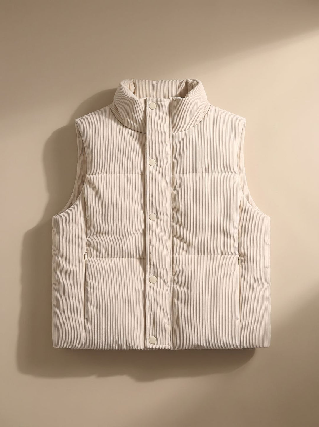 Damen Corduroy-Steppweste Kurzer Bodywarmer mit Stehkragen Druckknopf - Offwhite